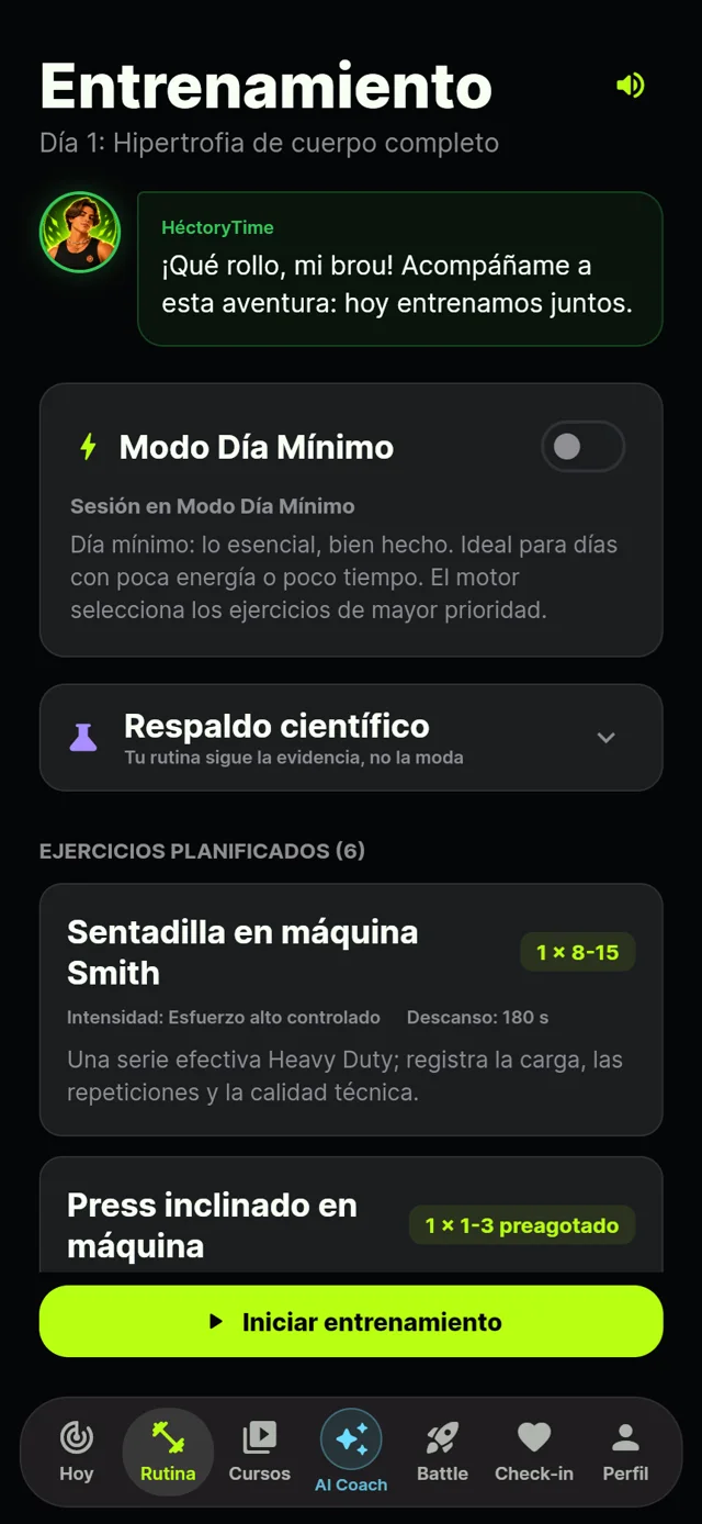 Pantalla real de entrenamiento: el coach HéctoryTime te acompaña, ejercicios con series, reps y descansos