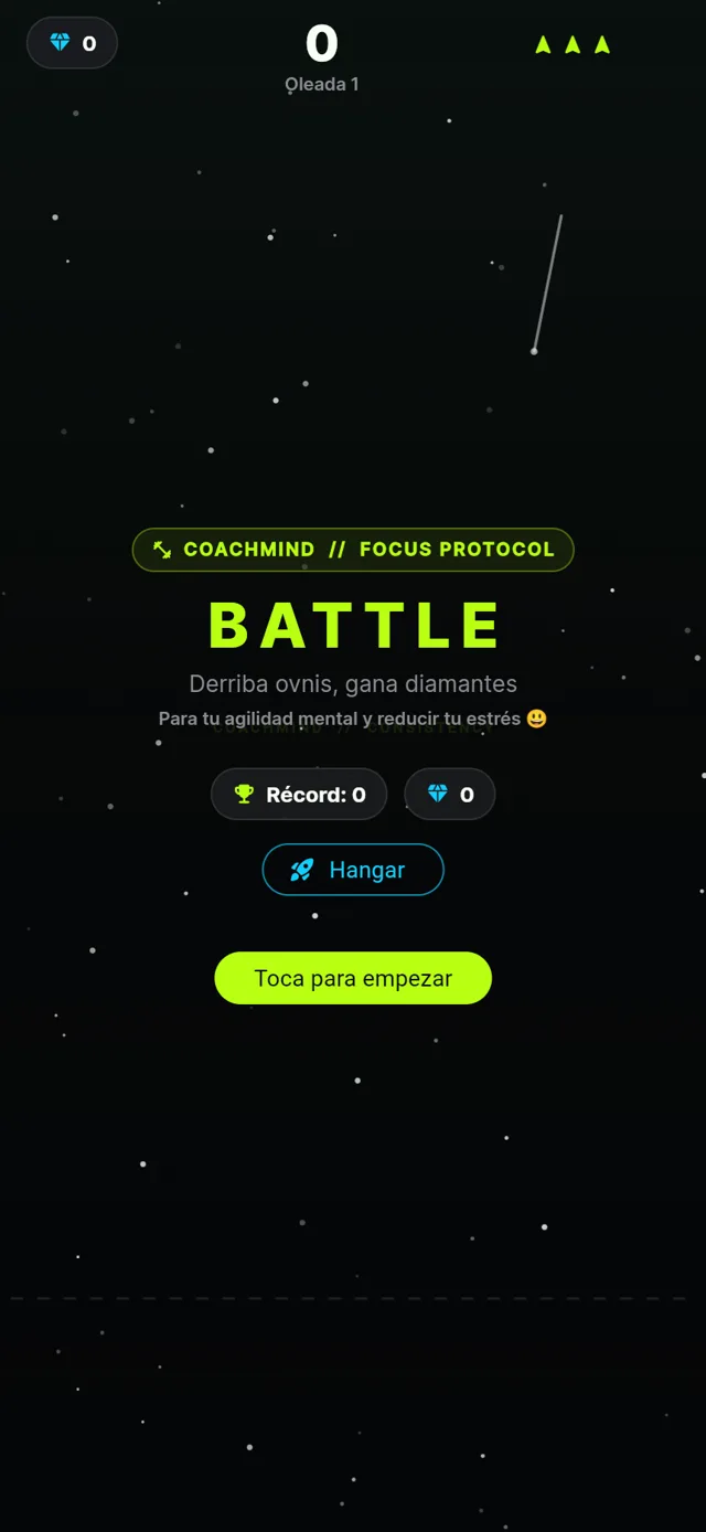 Pantalla real de inicio de CoachMind Battle: derriba ovnis, gana diamantes